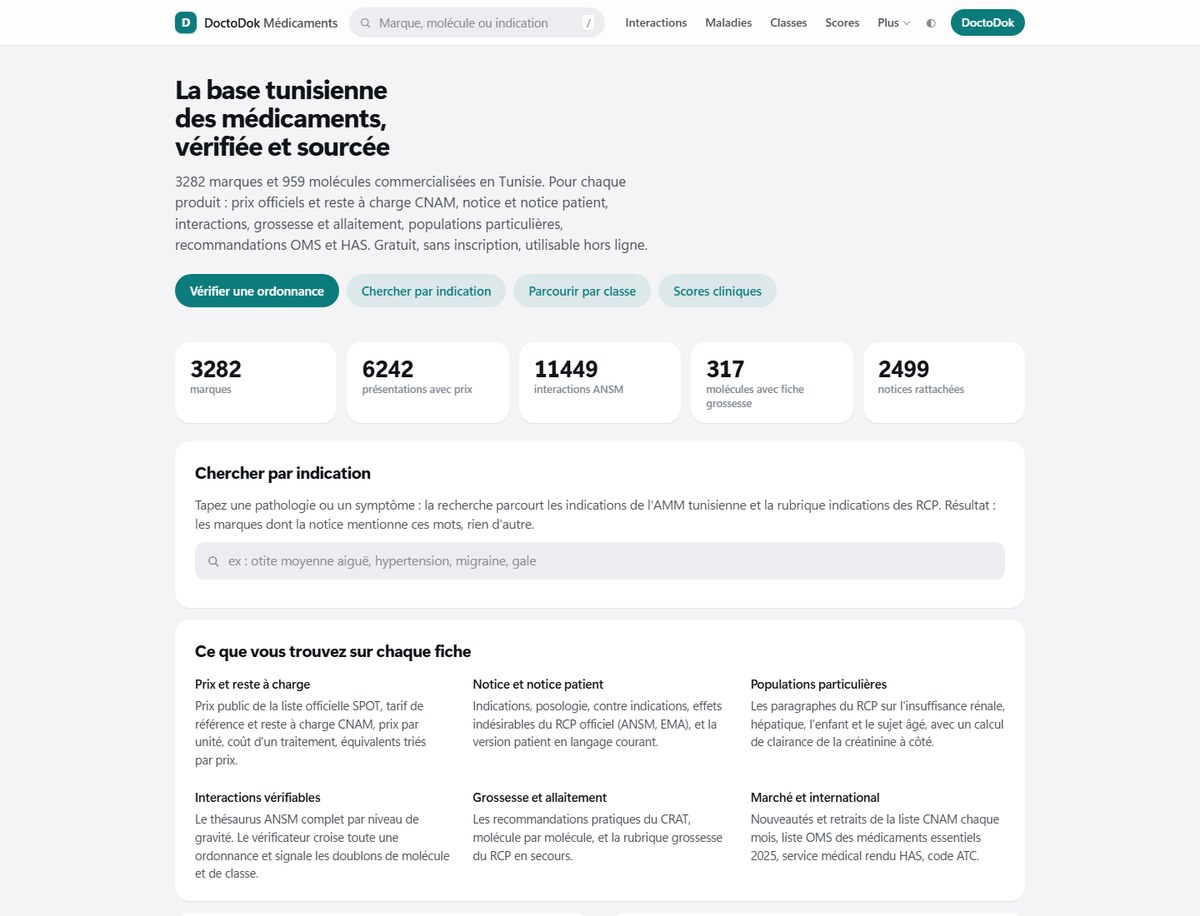 Page d'accueil de l'application Medok : recherche, chiffres de la base, recherche par indication
